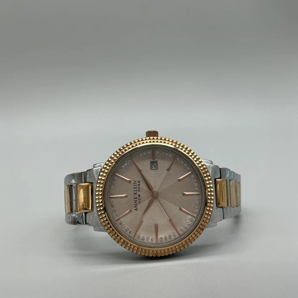 Anne Klein Womens Watch 36mm Gold Silver Two Tone Date 12/2315 New Battery 7.75